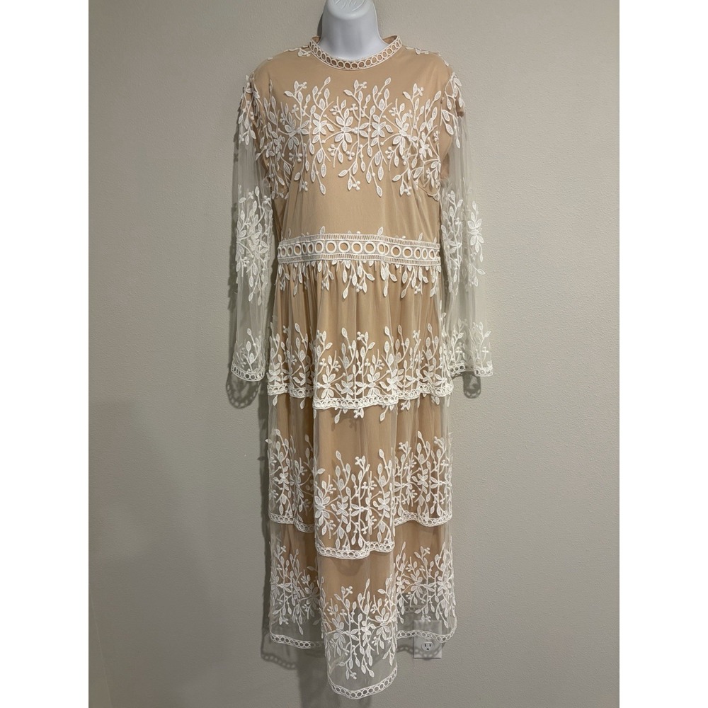 BOHEME White Lace Overlay Maxi Dress~Sz XL~Long Slvs Beige Lining Feminine Fairy